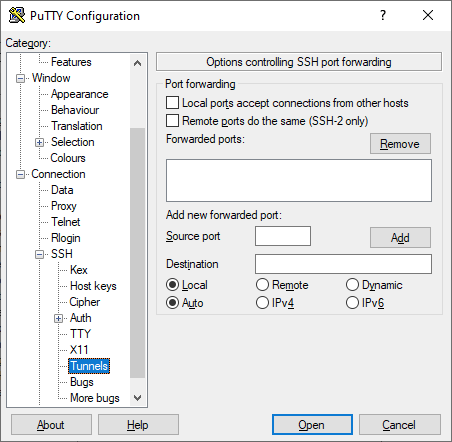 Putty - Connection - SSH - Tunnels
